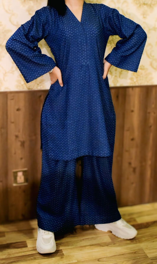 Navy Blue Premium Denim Unstitched 2-Piece (Shirt/Trouser)